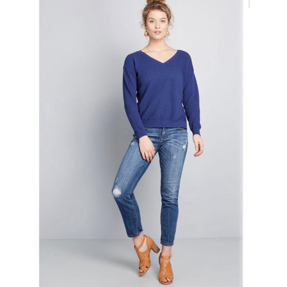 ModCloth 'Pointelle As Well' Women's XXS V Neck Sweater Blue Preppy Classic
